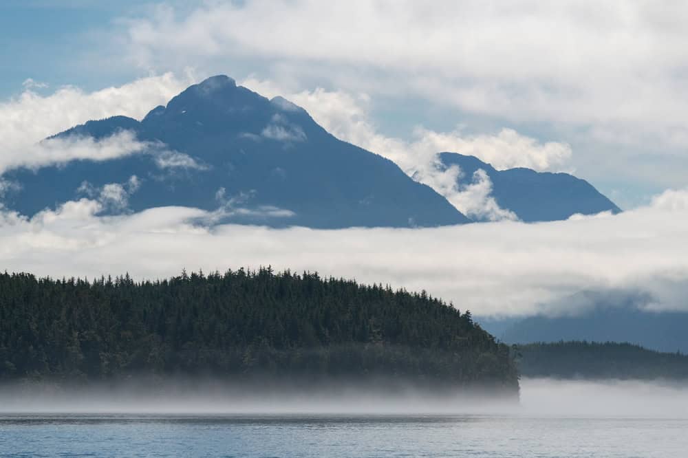 Broughton Archipelago and Great Bear Rainforest landscape on whale watching expedition, Telegraph Cove, Vancouver Island, Canada.